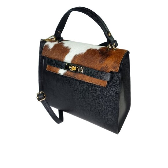 Charlie Leather Handbags - Genuine Charlie Leather "Bellezza" Black with Brown & White Fur Handbag–NWT